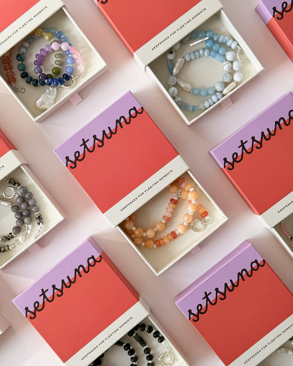Colourful jewellery in open "setsuna" branded boxes