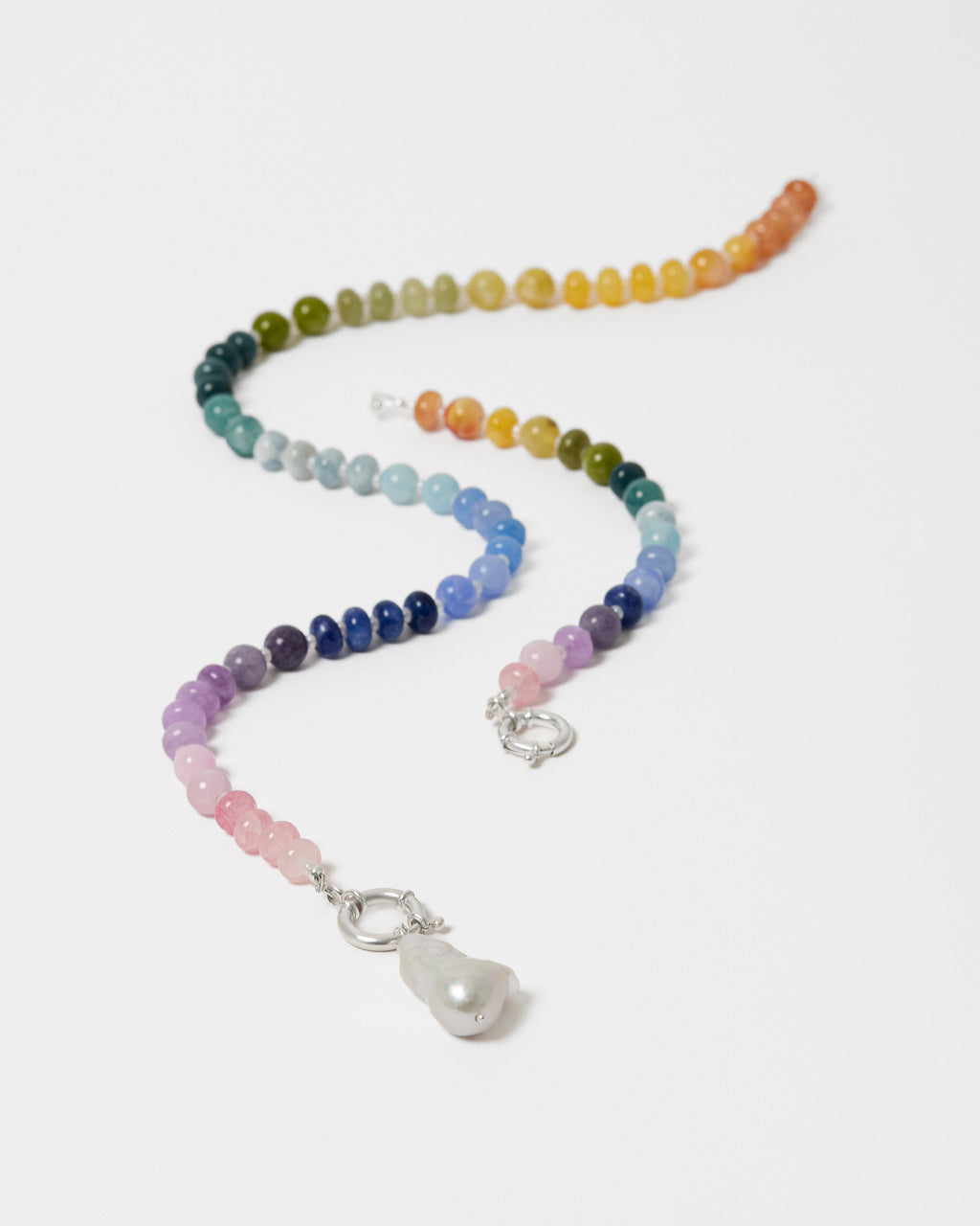 Multicoloured beaded necklace with a silver clasp and a freshwater pearl pendant