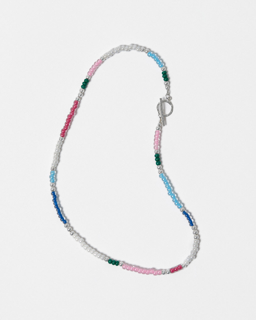 Multicoloured beaded necklace on a light gray background